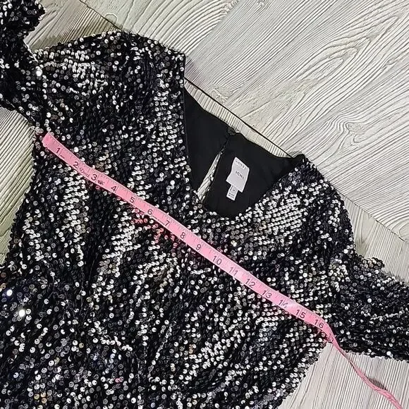 ICHI Wilde Black Silver Sequin Long Sleeve Dress V Neck Open Back Medium NEW - Picture 11 of 13